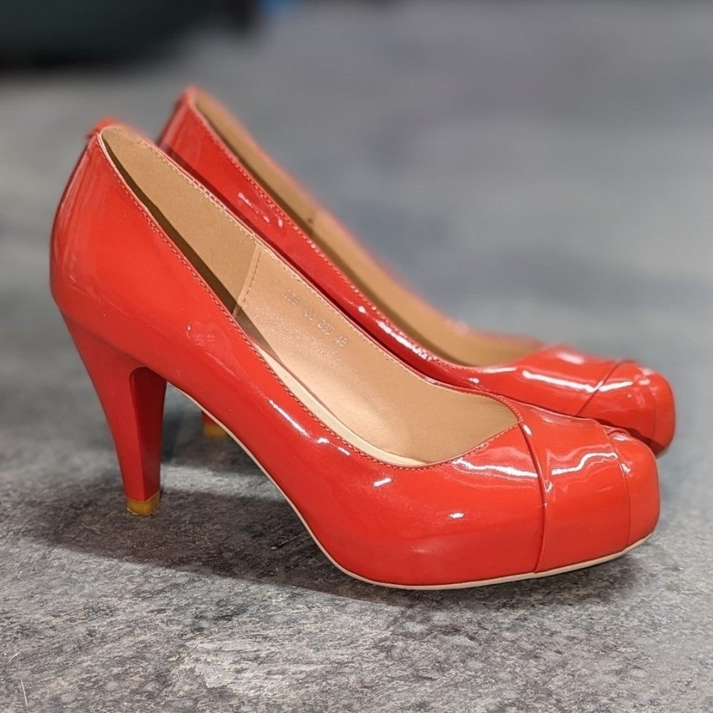Y2K Dopamine Dressing Tangerine Orange Patent Platform Heels Size 7 McBling‎